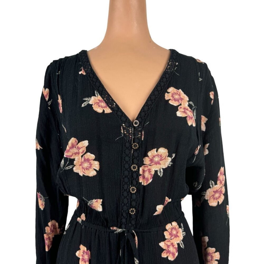 Boho Black Floral Maxi Dress Lightweight Gauzy Feminine Farmcore Cottagecore